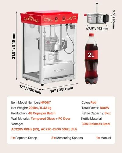 Miniatura 7 de Máquina de palomitas VEVOR, hervidor de acero inoxidable de 8 oz, máquina de hacer palomitas comercial de 800W para mostrador, estilo teatro con Rojo