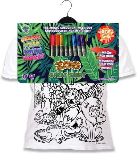 Miniatura 6 de Splat Planet Colorea en animales del zoológico, camiseta Jungle Safari con 10 bolígrafos mágicos lavables no tóxicos y lavables, Blanco