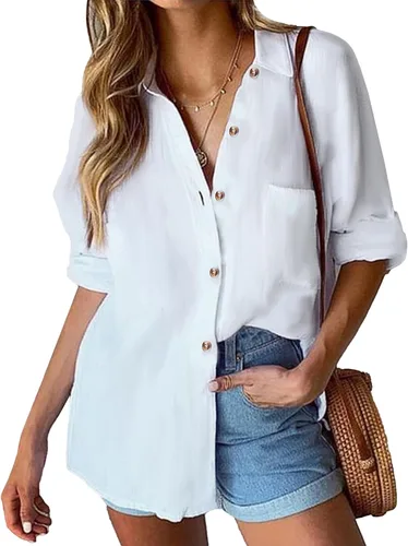 HOTOUCH Camisa de manga larga con botones de lino para mujer, blusa de algodón casual, holgada, con cuello, para trabajo, de gasa, con bolsillo