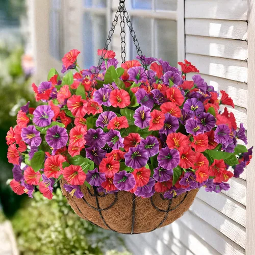 Miniatura 12 de Homsunny Plantas artificiales colgantes con cesta para exteriores, petunias falsas, de seda, para exteriores, porche, patio, balcón, jardín