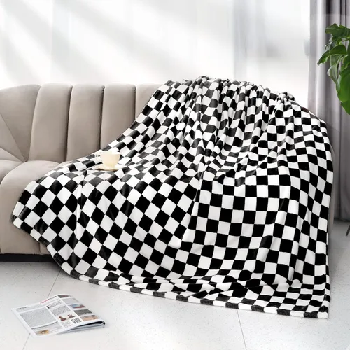 Manta Negra a Cuadros Suave y Mullida Manta de Forro Polar Negra Mantas a Cuadros Regalos Decoración para Niñas y Mujeres