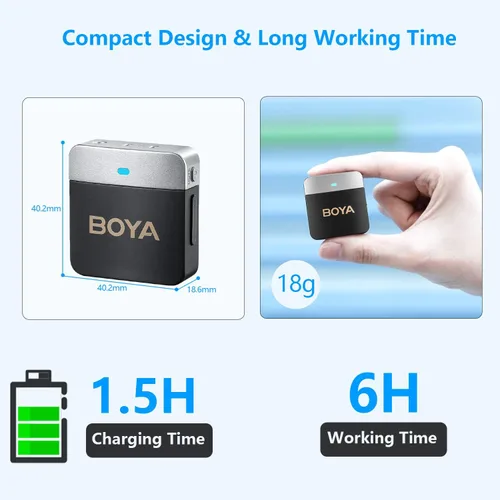 Miniatura 4 de BOYA Micrófono Lavalier inalámbrico de 2.4 GHz Duan Channel Sistema de micrófono inalámbrico con transmisor y 1 receptor para cámara iPhone