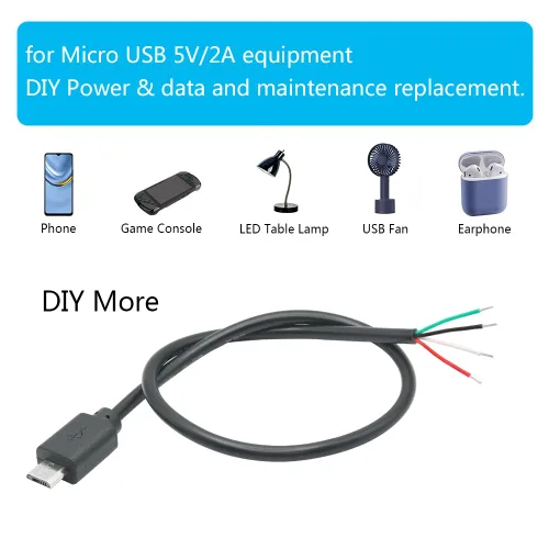 Miniatura 6 de Cable corto micro USB macho de 4 pines de 11 pulgadas, 24AWG USB 5V/2A 4 pines Pigtail Cable de alimentación y datos de extremo abierto,
