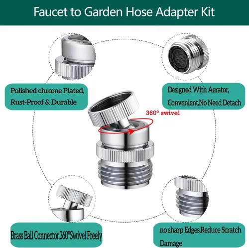Miniatura 3 de Adaptador de grifo a manguera de jardín SNUTUYA, adaptador de manguera de jardín de latón de 3/4 pulgadas con aireador, giro de 360 grados