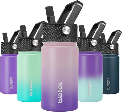 Miniatura 73 de BJPKPK Botella de agua aislada con tapa con pajilla, bonitas botellas de agua de 15 onzas, termo de metal de acero inoxidable, vasos reutilizables