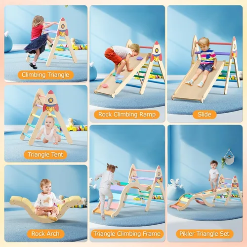 Miniatura 9 de Conjunto de Triángulo Pikler con Cojín, Juguetes de Escalada 9 en 1 para Niños Pequeños de 1 a 3 Años en el Interior, Juguetes Montessori