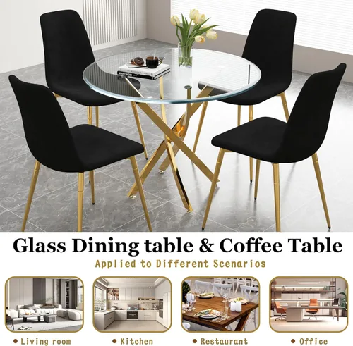 Miniatura 6 de Juego de mesa de comedor de cristal para 4, juego de mesa de cocina redonda dorada de 5 piezas con 4 sillas tapizadas negras, mesa de comedor