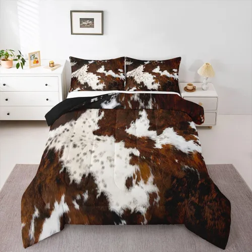 Miniatura 15 de Juego de edredón con estampado de vaca marrón para niñas y niños, edredón de plumón de piel de vaca de las tierras altas, ropa de cama de piel