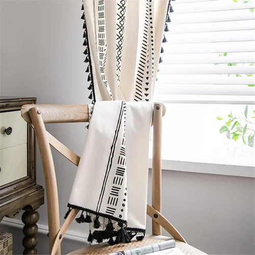 Miniatura 101 de Deeprove Cortinas bohemias para dormitorio, rayas huecas de ganchillo crema y estampado floral, tela de lino de algodón, con borlas beige bohemias