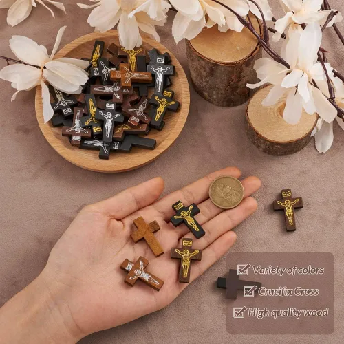 Miniatura 4 de Cheriswelry 100 colgantes de madera con cruz de crucifijo con cruz impresa, dijes de madera teñida religiosos de 32.5 a 1.319 in para hombres