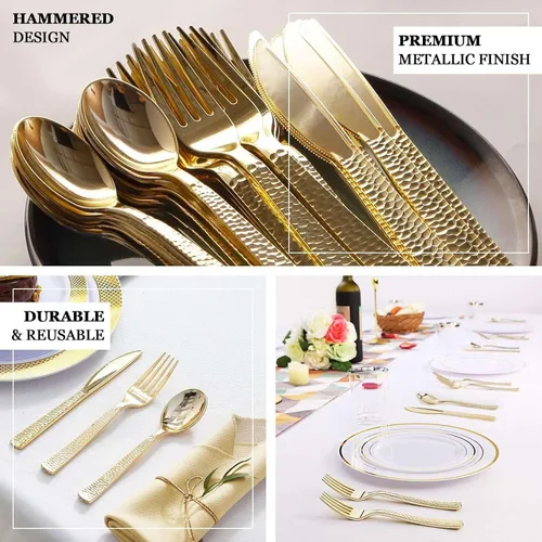 Miniatura 4 de Efavormart - Juego de 24 tenedores desechables de plástico color oro rosa, cubiertos resistentes de 7 pulgadas con elegante diseño martillado