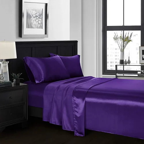 Miniatura 11 de 4 piezas de sábanas de satén 100% seda pura, lujosa colección de ropa de cama ultrasuave y suave, 19 pulgadas de profundidad, 1 sábana bajera, 1