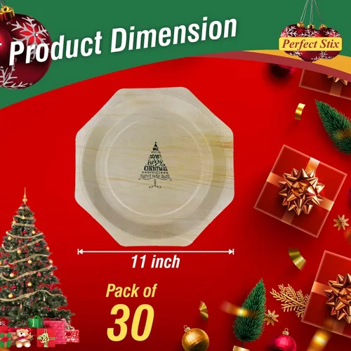 Miniatura 2 de Platos de madera de 11 pulgadas con texto en inglés "We Wish you a Merry Christmas and Happy New Year", paquete de 30