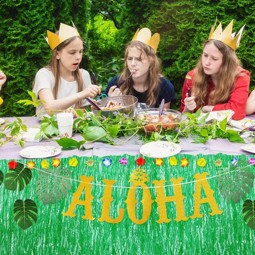 Miniatura 7 de 22 piezas de falda de mesa de hierba hawaiana Aloha decoración de fiesta que incluye pancarta de Aloha brillante hojas verdes tropicales y falda