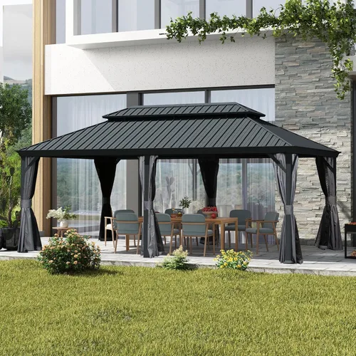 Miniatura 22 de Domi - Cenador permanente de metal con techo rígido de 8 x 8 pies, con doble techo de acero galvanizado, cortinas y malla para fiestas, bodas, Gris