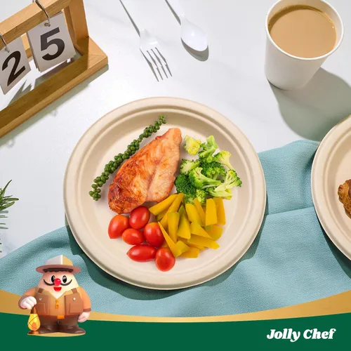 Miniatura 4 de JOLLY CHEF Platos compostables resistentes de 9 pulgadas [paquete de 300 unidades] Platos de papel natural desechables ecológicos, bagazo Marrón