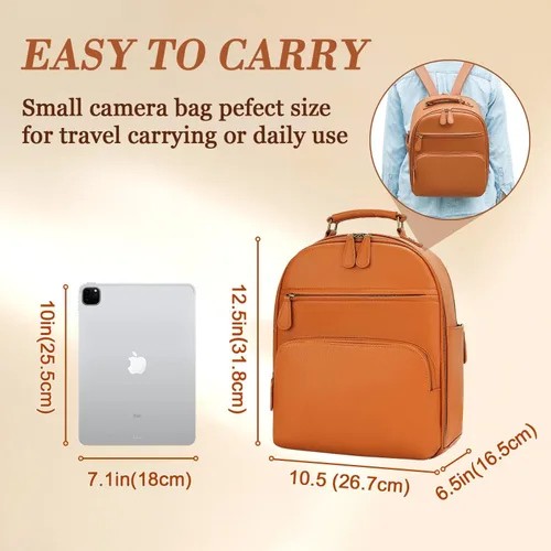 Miniatura 3 de Mochila pequeña para cámara, cuero PU clásico para DSLR, bolsa de cámara profesional para fotógrafos con compartimento para almohadilla/tableta