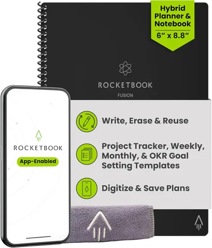 Miniatura 27 de Rocketbook Fusion Hybrid - Planificador y cuaderno reutilizables en uno, páginas en blanco adicionales, rastreador de metas y proyectos, Azul marino