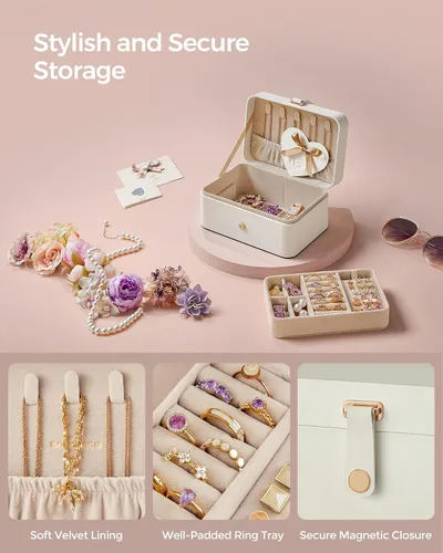 Miniatura 37 de SONGMICS Caja organizadora de joyas, estuche de viaje de 2 capas para aretes, collares, pulseras, almacenamiento portátil de joyas con gran Verde