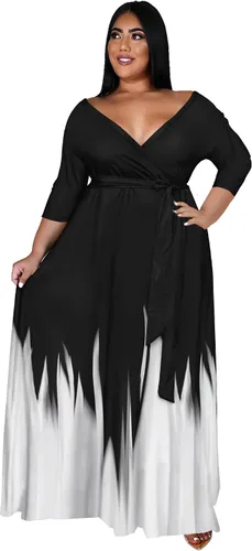 Miniatura 2 de Runwind - Vestidos largos de talla extragrande para mujer, con estampado floral, sueltos, manga 34 y cinturón