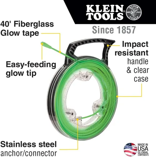 Miniatura 2 de Klein Tools 50660 Cinta de Pescado que Brilla en la Oscuridad, Fibra de Vidrio con Punta de Nylon y Conector de Acero Inoxidable para Conexiones