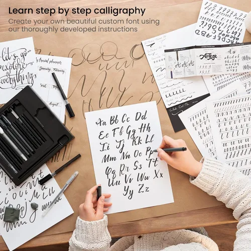 Miniatura 3 de ARTEZA Juego de 12 bolígrafos de mano para caligrafía y pincel con guía, lápiz, borrador para principiantes que aprenden letras a mano y escritura