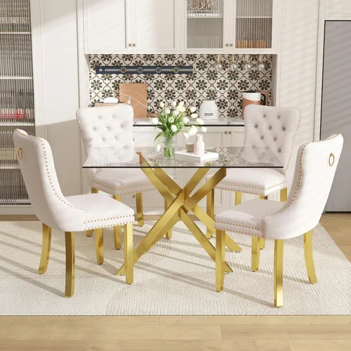 Miniatura 23 de Juego de mesa de comedor de 51 pulgadas de vidrio para 4, mesa de cocina rectangular de vidrio con 4 sillas tapizadas con acentos de terciopelo