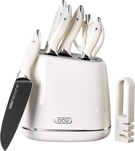 Miniatura 10 de OOU Juego de cuchillos con bloque y afilador, 6 piezas, juego de bloque de cuchillos de cocina de acero alemán de alto carbono con soporte universal