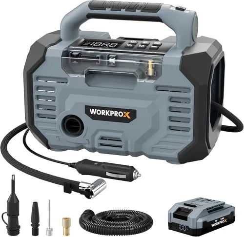 WORKPRO X Inflador de neumáticos Compresor de aire portátil 150PSI - Bomba de aire de coche de batería de 12 V CC y 20 V, 2 modos, apagado