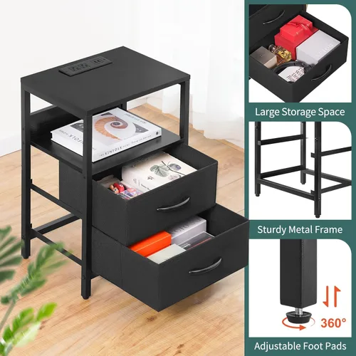 Miniatura 8 de Yoobure - Mesita de noche con estación de carga, pequeña mesita de noche con cajones de tela y estante de almacenamiento para dormitorios, mesitas