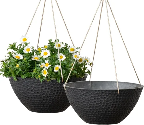 LA JOLIE MUSE Macetas colgantes para plantas al aire libre, maceta colgante grande con agujeros de drenaje, macetas colgantes al aire libre, negro