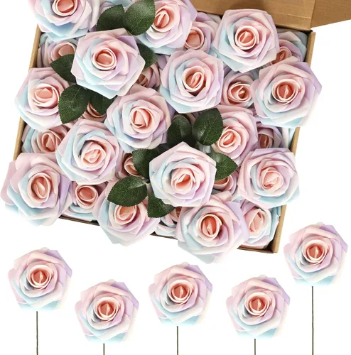 Miniatura 46 de MACTING 30 Rosas Artificiales Blancas Flores Falsas con Tallo Rosas de Espuma de Tacto Real para DIY Arreglos de Ramo de Boda Centros de Mesa White-1