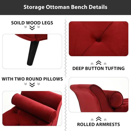 Miniatura 3 de Banco de Almacenamiento de Terciopelo para Dormitorio, Rojo, Banco Otomán de Almacenamiento Tapizado con Botones Capitoné Reposapiés Brazo Enrollado