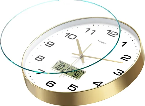 Miniatura 2 de Reloj de pared TIMESS, esfera de 10" sin tictac, silencioso, funciona con pilas, analógico con pantalla LCD para calendario perpetuo y temperatura