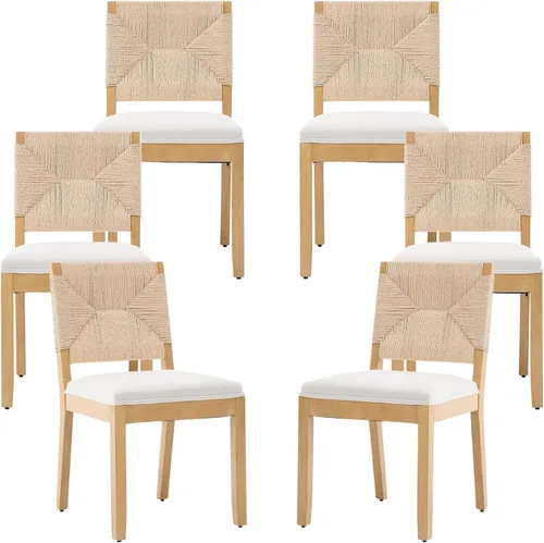 Miniatura 92 de Juego de 2 sillas de comedor de campo francés, sillas de comedor de madera de granja beige, silla de comedor con respaldo tejido con cojín tapizado