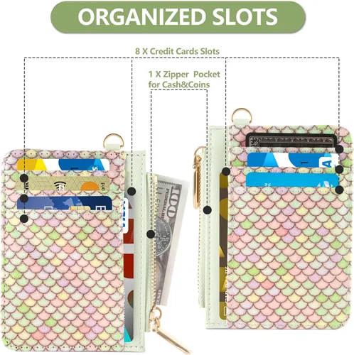 Miniatura 2 de Cartera pequeña de cuero con protección RFID de sirena para tarjetas de crédito, cartera delgada con correa para la muñeca con bolsillo