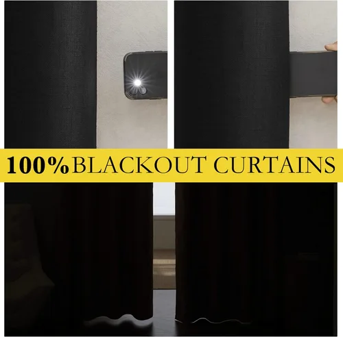 Miniatura 2 de NICETOWN Cortinas de Lino 100% Opacas, Cortinas Completamente Oscuras para Puerta de Ventana Grande, Paneles de Cortina 100% Opacas con Forro Negro
