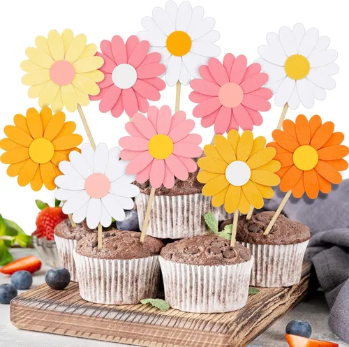 Miniatura 8 de Henoyso 48 decoraciones para cupcakes de margaritas de primavera Groovy Spring Flower Cake Topper de los años 70, hippie, bohemio, joven, salvaje
