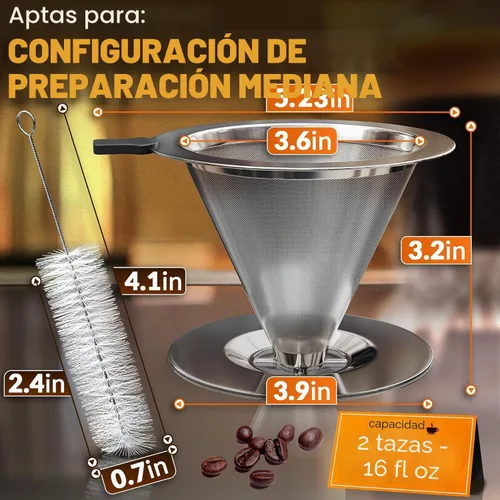 Miniatura 2 de Cafetera de acero inoxidable con cepillo de limpieza y mango de silicona antideslizante, capacidad para 2 tazas, malla 600 de malla de acero