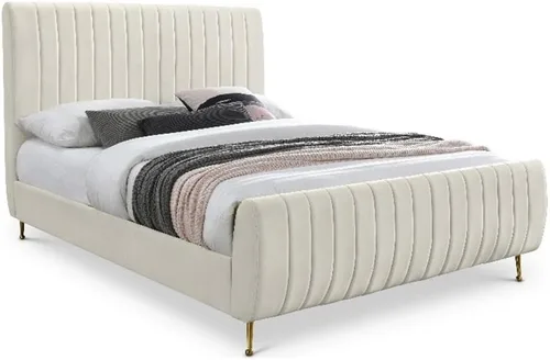 Miniatura 12 de Meridian Furniture Colección moderna Zara Cama tapizada de terciopelo contemporáneo con acolchonamiento de canal profundo y patas doradas a Crema