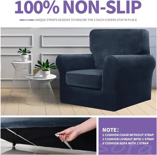 Miniatura 5 de ZNSAYOTX Funda de terciopelo de 3 piezas para sofá de 3 piezas con 2 fundas de cojín de asiento extra grandes, funda elástica para sofá de 2 plazas