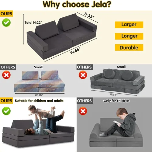 Miniatura 9 de jela Sofá de juego para niños, tamaño extendido, 8 piezas para la familia, sofá modular de espuma para niños y adultos, juego de casa