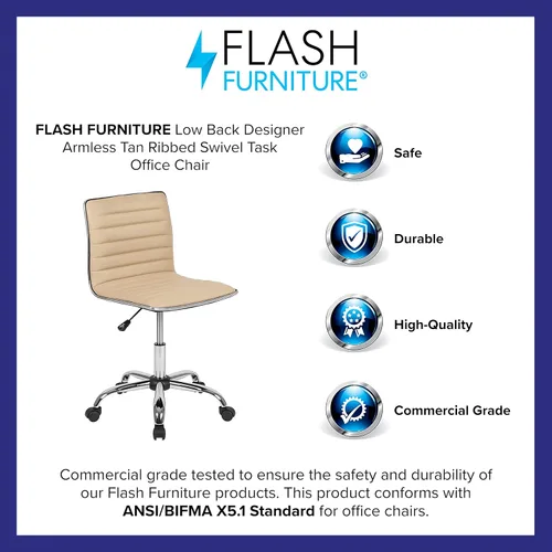 Miniatura 12 de Flash Furniture - Silla de oficina giratoria sin reposabrazos, de color tostado, acanalada, de diseño, respaldo bajo Bronceado/Cromo