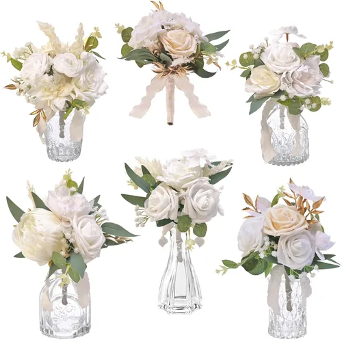 Miniatura 9 de CherishedMoments Juego de 6 centros de mesa de flores surtidas, mini flores florales para decoración de mesa de boda junto al mar, ramos de flores