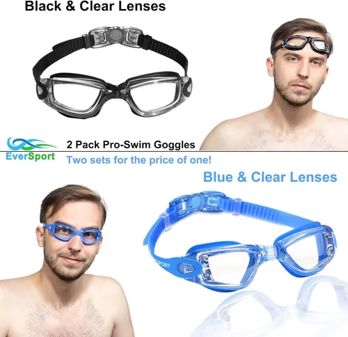 Miniatura 2 de EverSport Gafas de Natación Paquete de 2 Gafas de Natación Antivaho para Adultos, Hombres, Mujeres, Jóvenes y Niños Cristal azul y negro