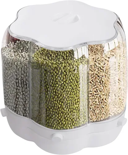 Miniatura 9 de Dispensador de granos giratorios de 6 rejillas, dispensador de cereales, dispensador de arroz giratorio de 360°, recipiente de arroz seco redondo