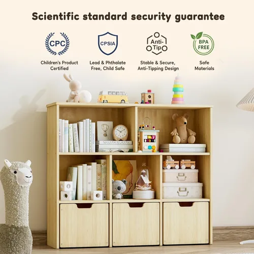 Miniatura 8 de EXPERLAM Organizador de almacenamiento de juguetes de madera de pino macizo, estantería para niños y organizador de juguetes con 3 cajones rodantes