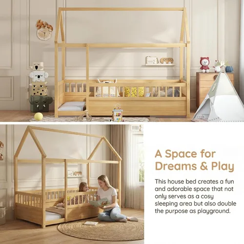 Miniatura 5 de Bellemave Cama individual para niños con marco de techo de casa y valla de seguridad, cama Montessori de madera, cama de perfil bajo para niños