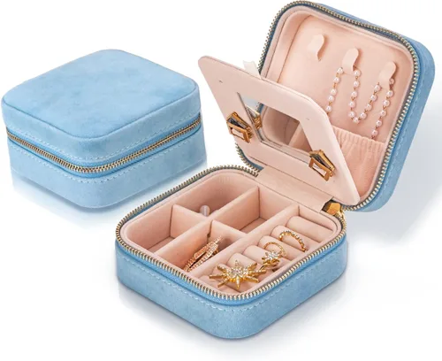 Joyero de terciopelo de viaje con espejo, mini estuche de regalo para mujeres y niñas, pequeñas cajas organizadoras portátiles para anillos, aretes,
