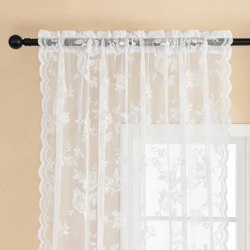 Miniatura 3 de SEEKRIGHT 2 paneles de cortinas traslúcidas de encaje de 96 pulgadas de largo, cortinas florales victorianas blancas para sala de estar, dormitorio